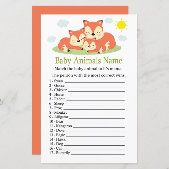 Sleepy fox Baby Animals Name Game (Front/Back)