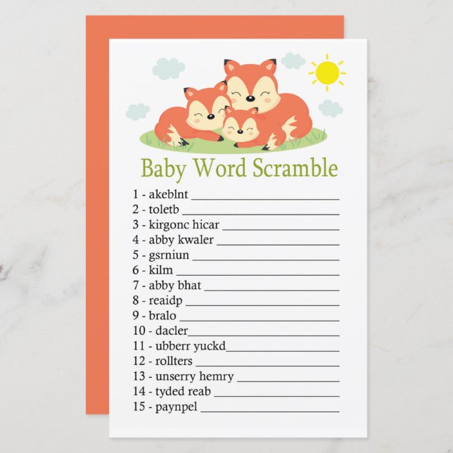 Sleepy fox Baby word scramble game (Front/Back)