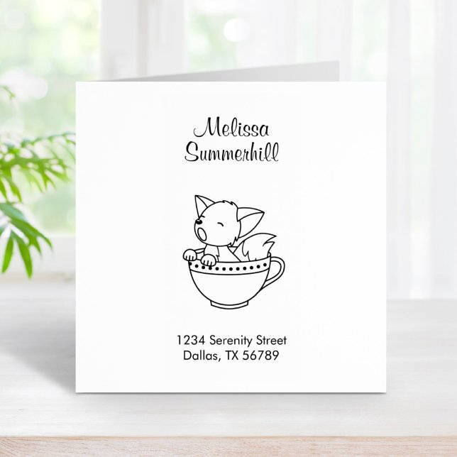 Sleepy Fox in a Teacup Address Rubber Stamp (Creator Uploaded)