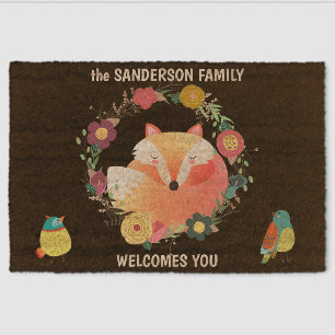 Sleepy Fox in Boho Floral Wreath Fiber Doormat