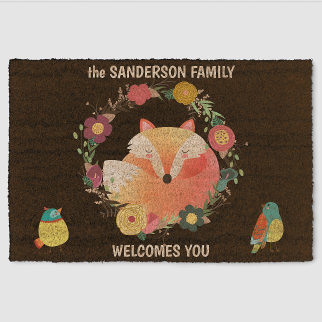 Sleepy Fox in Boho Floral Wreath Fiber Doormat (Front)