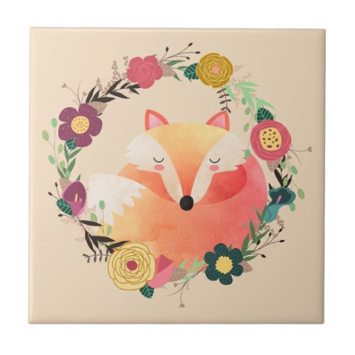 Sleepy Fox in Boho Floral Wreath Tile