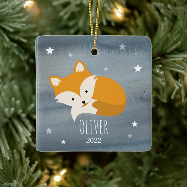 Sleepy Fox  Stars Baby Cub First Christmas Ceramic Ornament (Tree)