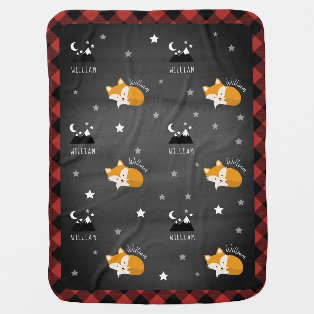 Sleepy Fox Stars Mountains Buffalo Plaid Boy Baby Blanket (Front)