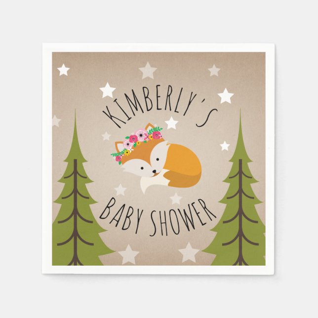 Sleepy Fox Stars + Trees Floral Baby Shower Napkins (Front)