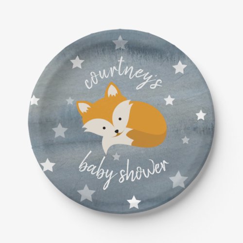 Sleepy Fox Stars Watercolor Baby Shower Paper Plates