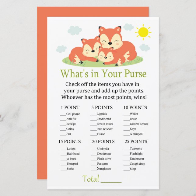 Sleepy fox What's in your purse game (Front/Back)