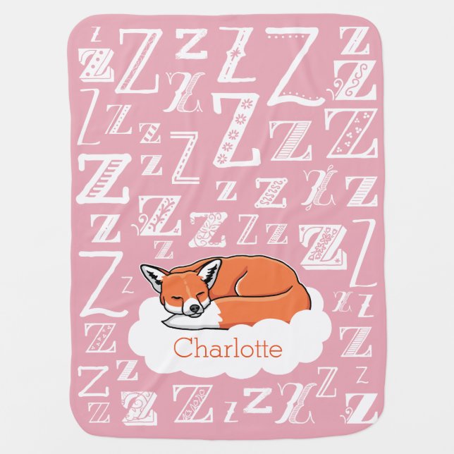Sleepy Fox Zzz, Pink Personalized Child's Name Stroller Blanket (Front)
