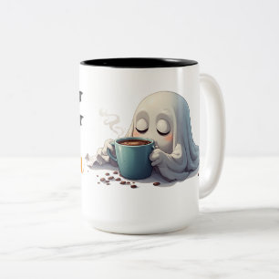 Sleepy Ghost Enjoying Morning Coffee Break Togethe Two-Tone Coffee Mug