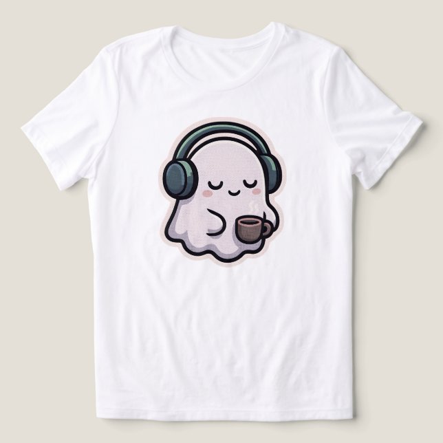 Sleepy Ghost With Coffee – Kawaii | WHITE ONLY Tri-Blend Shirt (Design Front)
