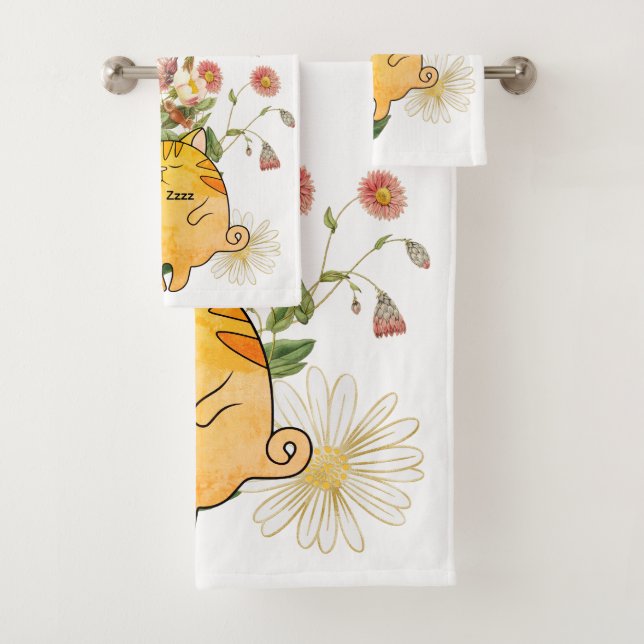 Sleepy Ginger Cat Bath Towel Set (Insitu)