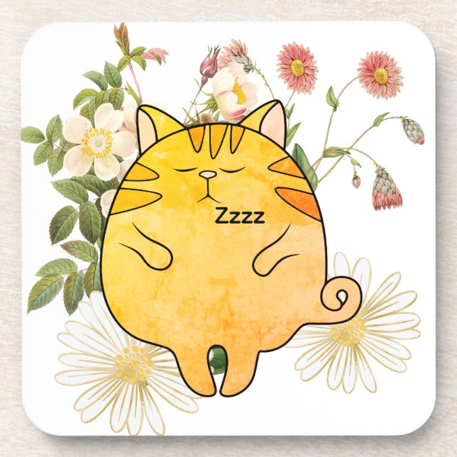 Sleepy Ginger Cat Beverage Coaster (Front)