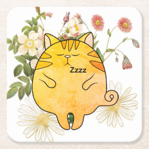 Sleepy Ginger Cat Square Paper Coaster