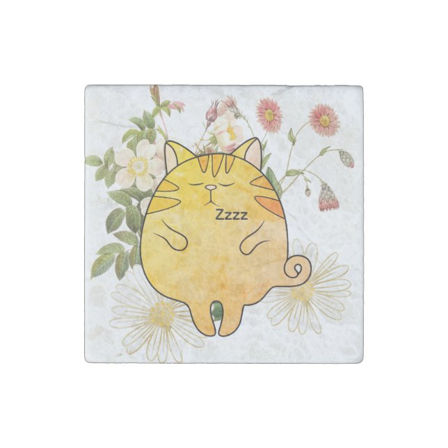 Sleepy Ginger Cat Stone Magnet (Front)