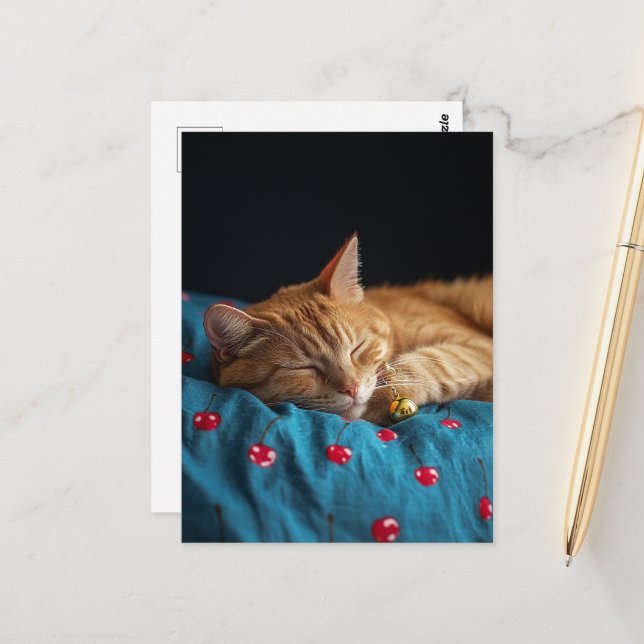 Sleepy Ginger Kitty with gold ball Postcard (Front/Back In Situ)