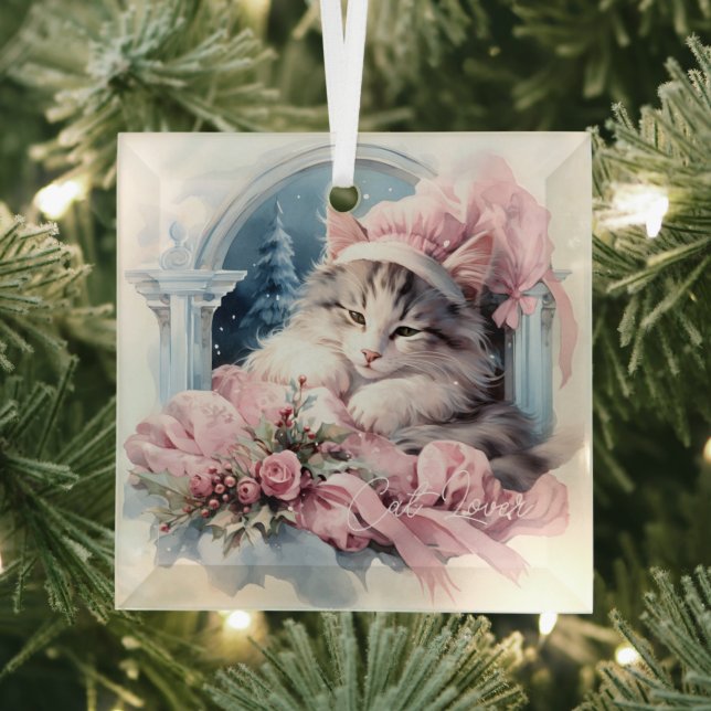 Sleepy Gray White Kitten Pink Frilly Clothes Glass Ornament (Insitu)