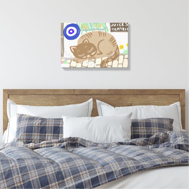 Sleepy Greek Taverna Cat Mediterranean Scene Canvas Print (Insitu(Bedroom))