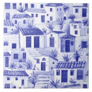 Sleepy Greek Village, Greece Travel Blue and White Ceramic Tile