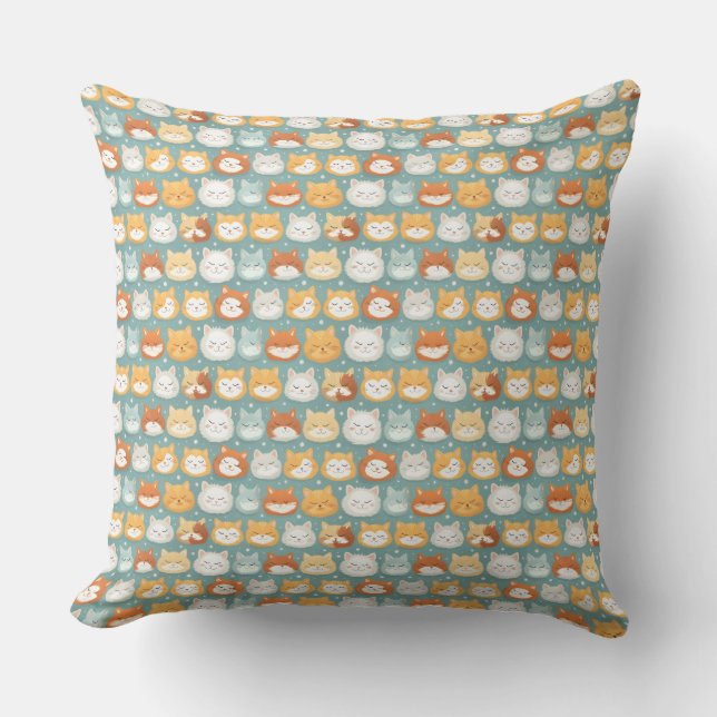 Sleepy Head Cat Heads Throw Pillow (Front)