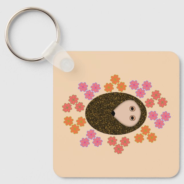 Sleepy Hedgehog and Flowers Custom Keychain (Front)