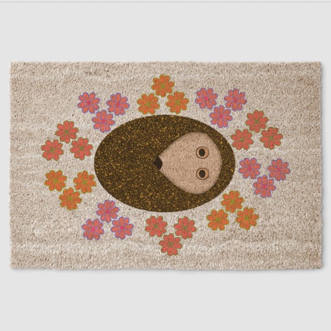 Sleepy Hedgehog and Flowers Fiber Doormat (Front)