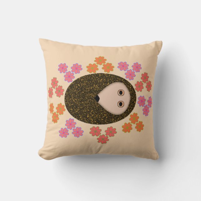 Sleepy Hedgehog and Flowers Pillow (Front)