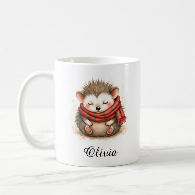 Sleepy Hedgehog in Cozy Scarf Custom Name Mug (Left)