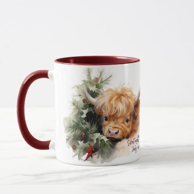 Sleepy Highland Cow Christmas Mug (Left)