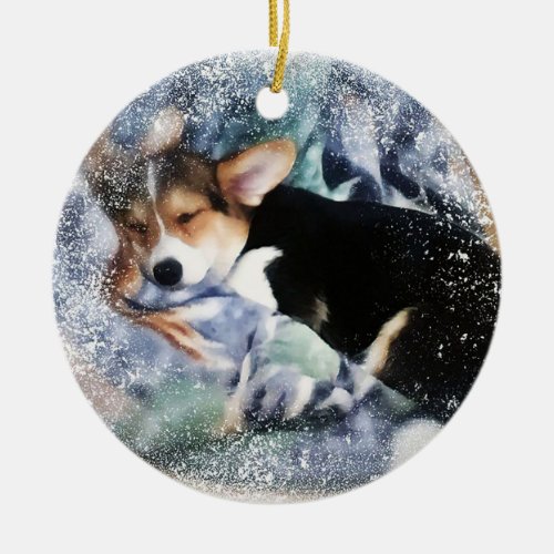 Sleepy Holiday Corgi Puppy Ceramic Ornament