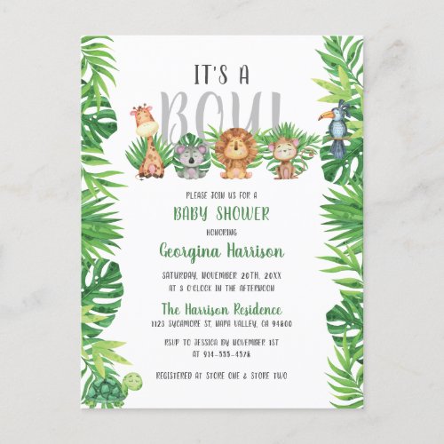 Sleepy Jungle Animals  Its A Boy Baby Shower Invitation Postcard