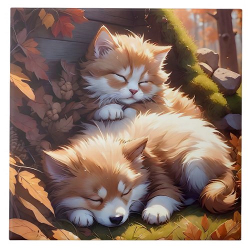 Sleepy Kitten and Puppy Fall Leaves Portrait Art Ceramic Tile