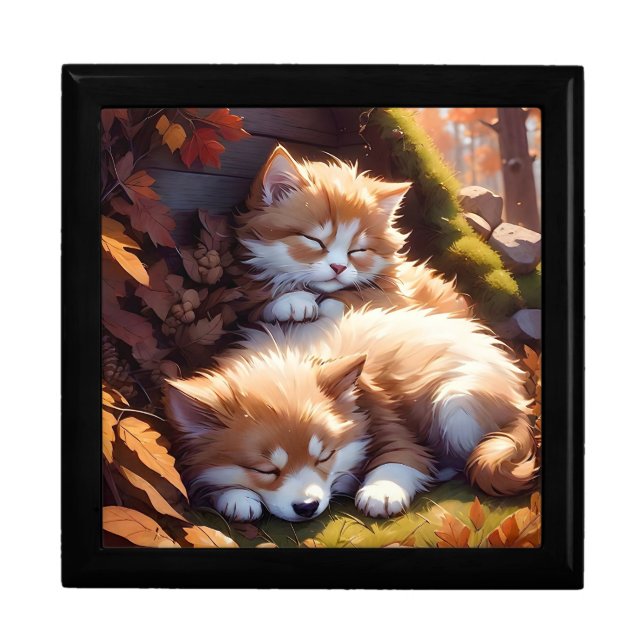 Sleepy Kitten and Puppy Fall Leaves Wooden Jewelry Gift Box (Front)