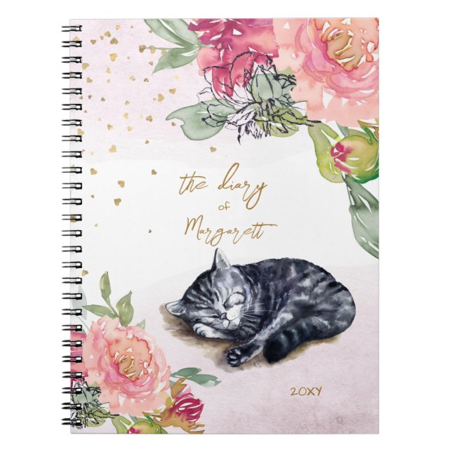 Sleepy Kitten Illustration Flower Girl Daily Diary Notebook (Front)