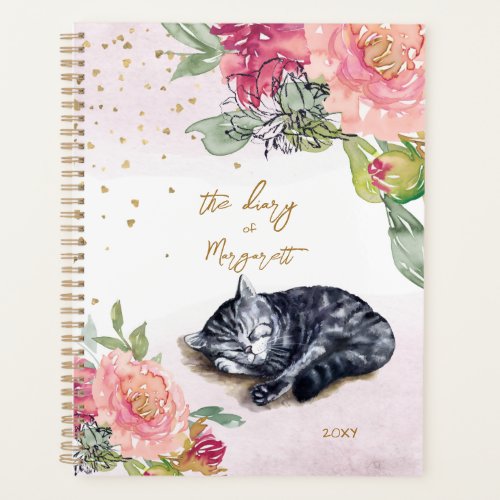 Sleepy Kitten Illustration Flower Girl Daily Diary Planner