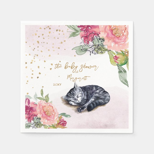 Sleepy Kitten Illustration Girl Baby Shower Napkins (Front)