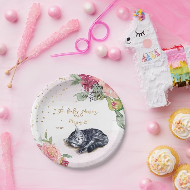Sleepy Kitten Illustration Girl Baby Shower Paper Plates (Party)