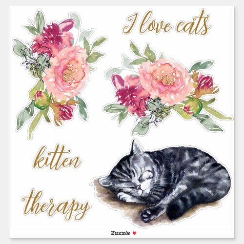 Sleepy Kitten Illustration Girl Cat Lover Sticker