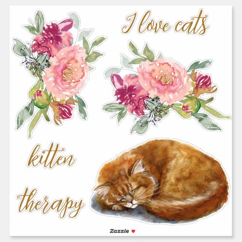 Sleepy Kitten Illustration Girl Orange Cat Lover Sticker