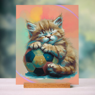 Sleepy Kitten with Soccer Ball – Cute Sports Lover Acrylic Sign