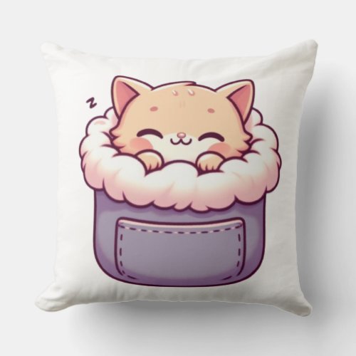 Sleepy Kitty in a Fur Pocket Throw Pillow