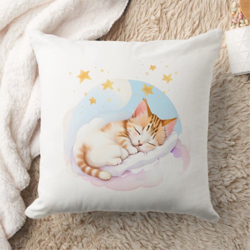 Sleepy Kitty on a Bed of Fluffy Clouds  Throw Pillow