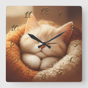 Sleepy kitty square wall clock