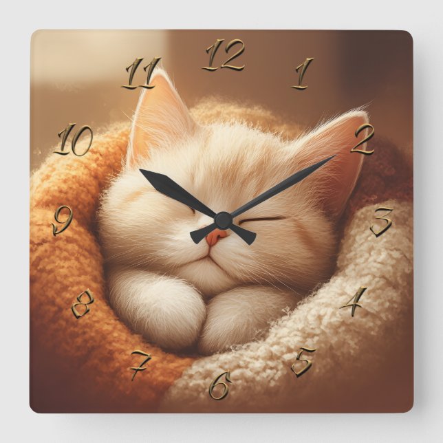 Sleepy kitty square wall clock (Front)