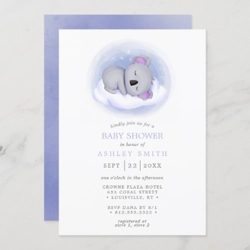 Sleepy Koala Purple Watercolor Baby Shower Invitation