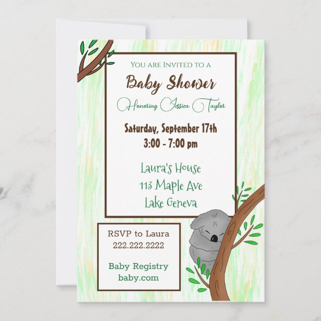 Sleepy Koala Themed Baby Shower Invitation (Front)