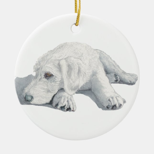 Sleepy Labradoodle Pup Ceramic Ornament (Front)