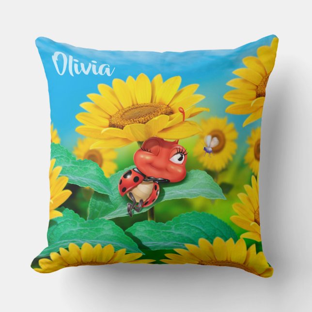 Sleepy Ladybug & sunflowers, custom throw cushion (Front)