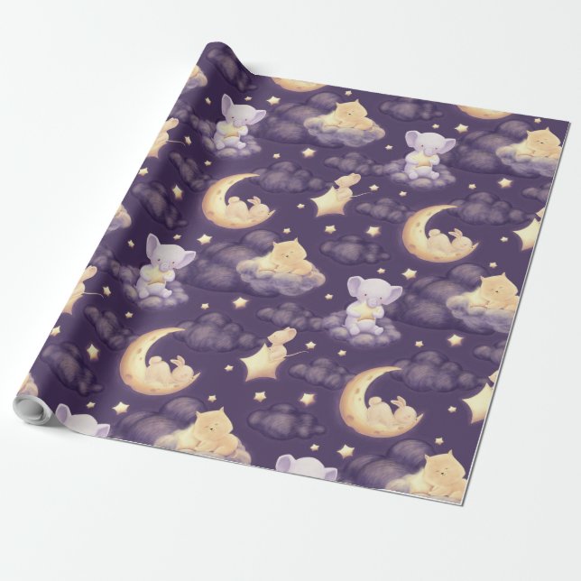 Sleepy Moon Baby Animals Bedtime Sticker Wrapping Paper (Unrolled)