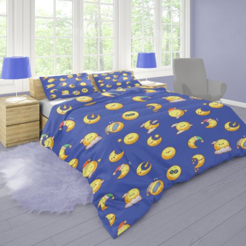 Sleepy moon emojis pattern dark blue duvet cover