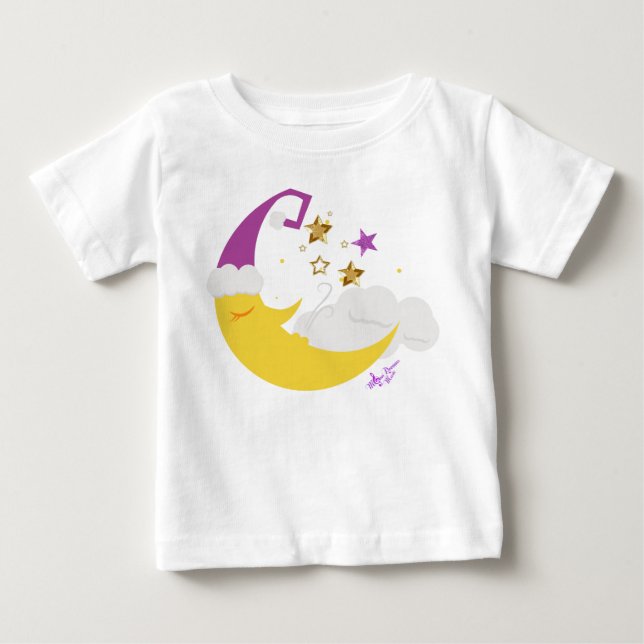 Sleepy Moon Purple Hat & Gold Stars Baby T-Shirt (Front)